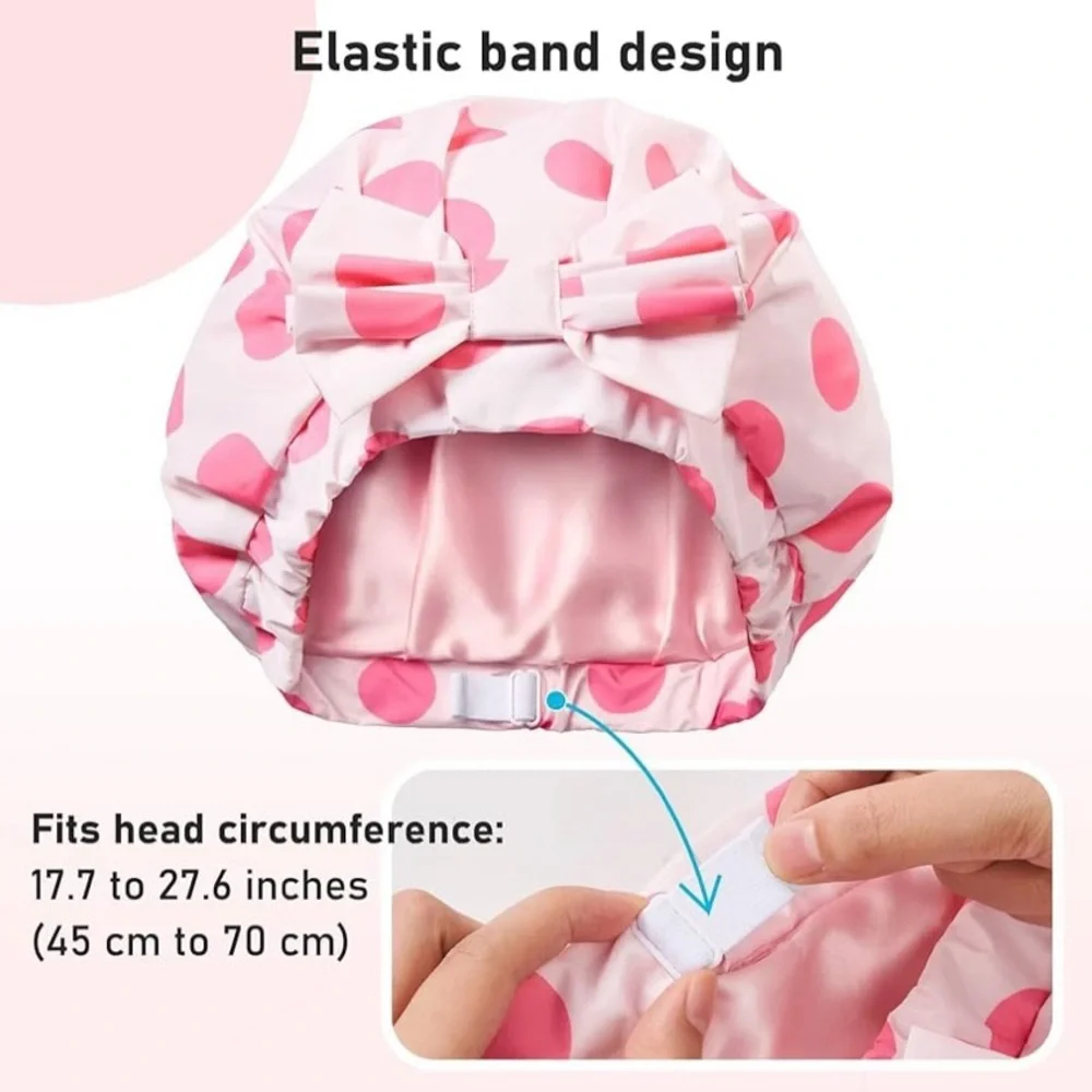Mulberry Silk Lined Pink Polka Dot Shower Cap with Bow Accent